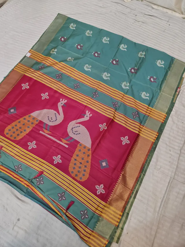 Sea Green and Contrast Rani Pink Soft Silk Saree with Kalakshetra Replica Peacock Motifs
