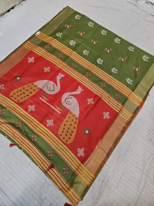 Olive Green and Contrast Red Soft Silk Saree with Kalakshetra Replica Peacock Motifs