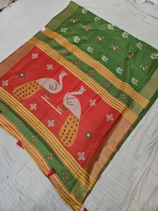 Parrot Green and Contrast Red Soft Silk Saree with Kalakshetra Replica Peacock Motifs