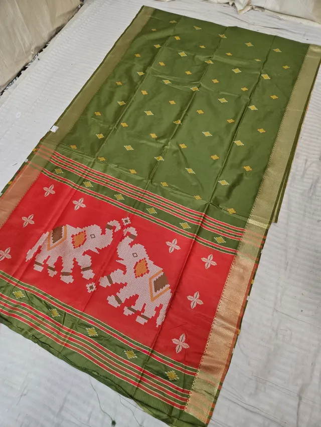 Olive Green and Contrast Red Soft Silk Saree with Kalakshetra Replica Elephant Motifs