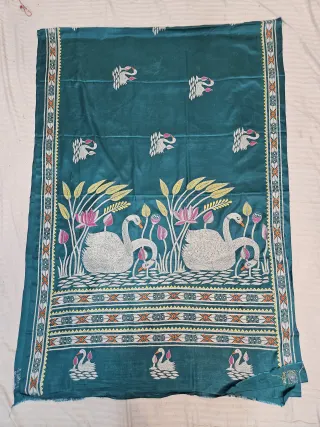 Peacock Teal Hand Embroidered Blended Bangalore Silk Saree with Swan Lake Kantha Stitch Aancha