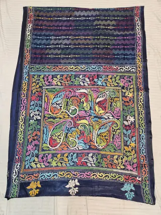 Navy Blue Hand Embroidered Blended Bangalore Silk Saree with Multicolored Paisley Kalka Kantha Stitch Aanchal