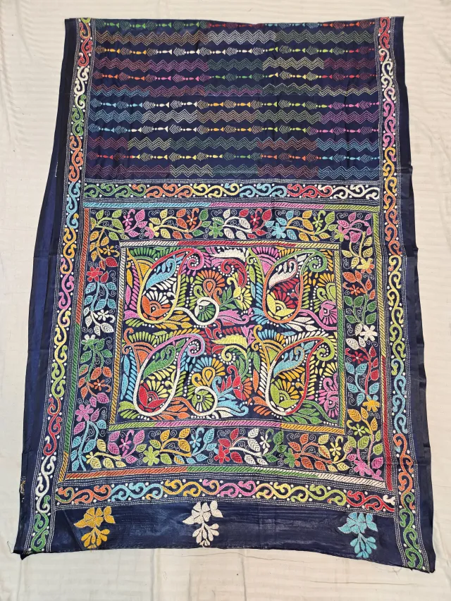Navy Blue Hand Embroidered Blended Bangalore Silk Saree with Multicolored Paisley Kalka Kantha Stitch Aanchal