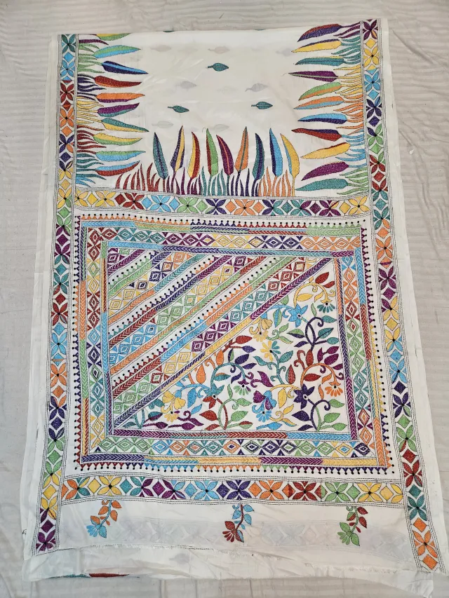 Off-White Hand Embroidered Blended Bangalore Silk Saree with Multicolored Geometric & Floral Kantha Stitch Aanchal