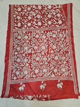 Crimson Red Hand Embroidered Blended Bangalore Silk Saree with All-Over Floral Jaal Kantha Stitch Aanchal
