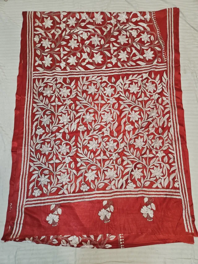 Crimson Red Hand Embroidered Blended Bangalore Silk Saree with All-Over Floral Jaal Kantha Stitch Aanchal
