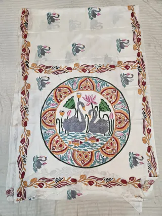 Off-White Hand Embroidered Blended Bangalore Silk Saree with Swan & Lotus Mandala Kantha Stitch Aanchal