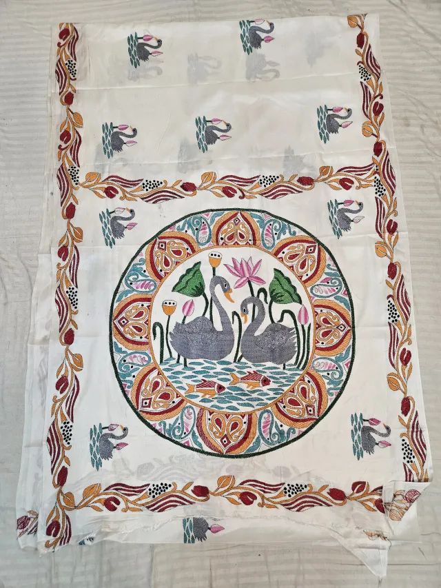 Off-White Hand Embroidered Blended Bangalore Silk Saree with Swan & Lotus Mandala Kantha Stitch Aanchal