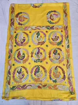 Sunshine Yellow Hand Embroidered Blended Bangalore Silk Saree with Peacock Wreath Kantha Stitch Aanchal
