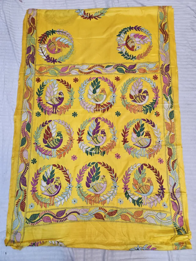 Sunshine Yellow Hand Embroidered Blended Bangalore Silk Saree with Peacock Wreath Kantha Stitch Aanchal
