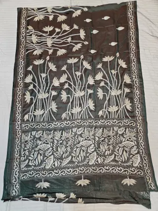 Charcoal Black Hand Embroidered Blended Bangalore Silk Saree with Standing Lotus Kantha Stitch Aanchal