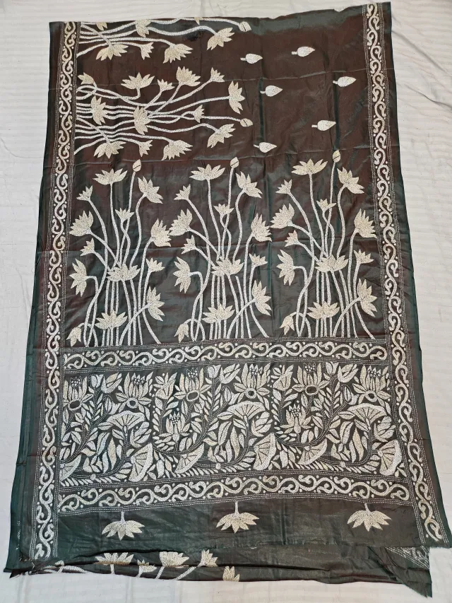 Charcoal Black Hand Embroidered Blended Bangalore Silk Saree with Standing Lotus Kantha Stitch Aanchal