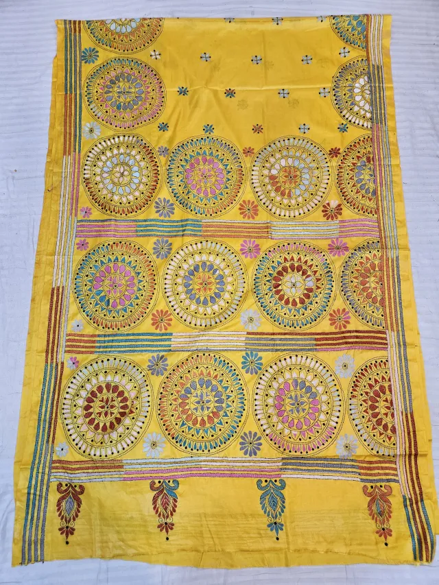 Bright Yellow Hand Embroidered Blended Bangalore Silk Saree with Sunburst Mandala Kantha Stitch Aanchal