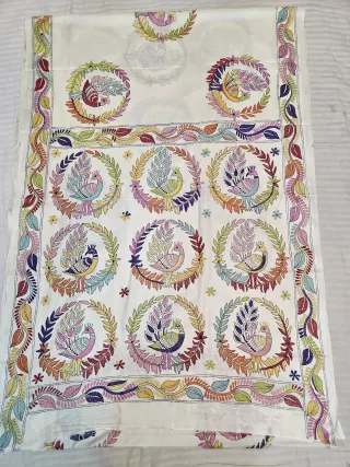 Off-White Hand Embroidered Blended Bangalore Silk Saree with Peacock Wreath Kantha Stitch Aanchal