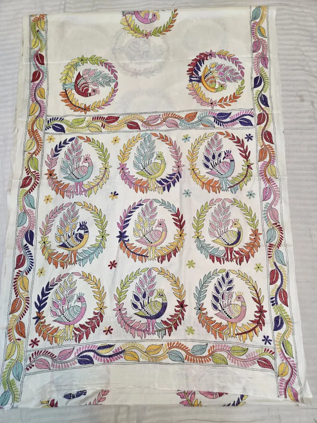 Off-White Hand Embroidered Blended Bangalore Silk Saree with Peacock Wreath Kantha Stitch Aanchal