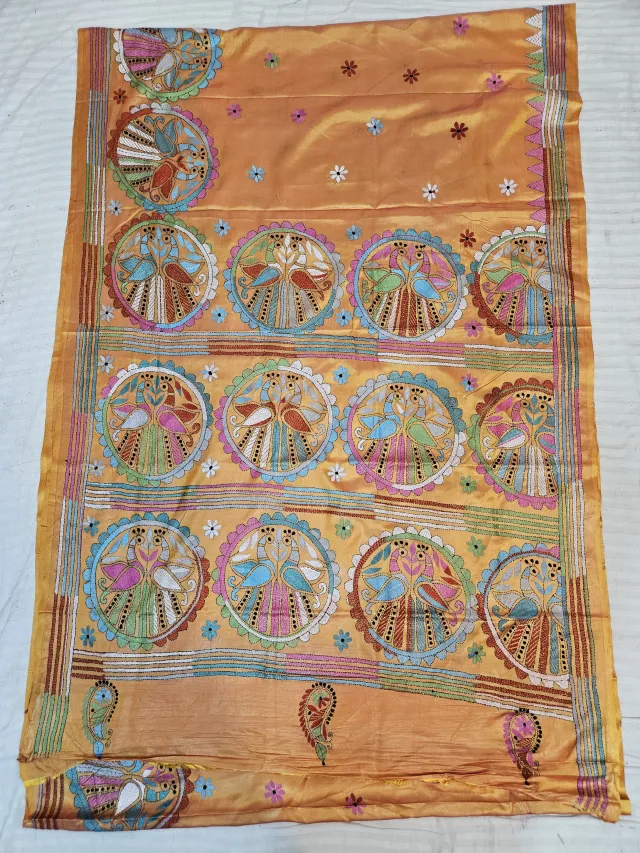 Peach Orange Hand Embroidered Blended Bangalore Silk Saree with Twin Peacock Mandala Kantha Stitch Aanchal