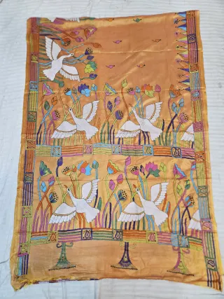 Peach Orange Hand Embroidered Blended Bangalore Silk Saree with Crane & Lotus Waterscape Kantha Stitch Aanchal