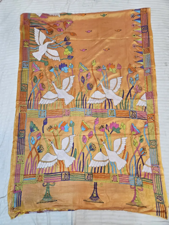 Peach Orange Hand Embroidered Blended Bangalore Silk Saree with Crane & Lotus Waterscape Kantha Stitch Aanchal