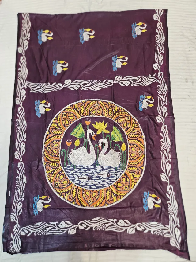 Deep Wine Hand Embroidered Blended Bangalore Silk Saree with Swan & Lotus Mandala Kantha Stitch Aanchal