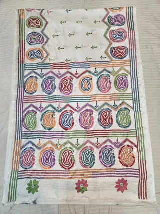 Off-White Hand Embroidered Blended Bangalore Silk Saree with Multicolored Paisley Kalka Kantha Stitch Aanchal