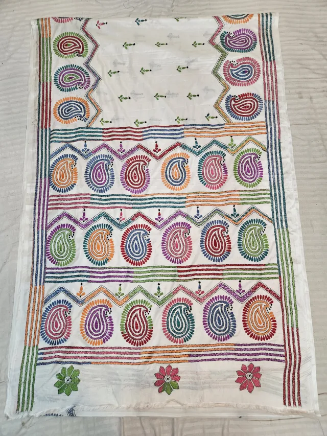Off-White Hand Embroidered Blended Bangalore Silk Saree with Multicolored Paisley Kalka Kantha Stitch Aanchal