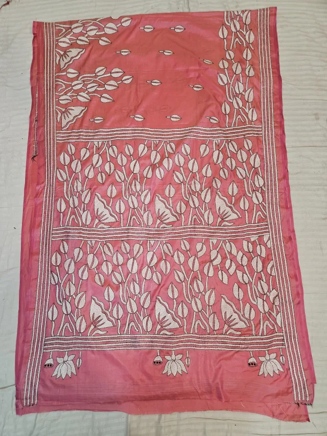 Soft Pink Hand Embroidered Blended Bangalore Silk Saree with Lotus Garden Kantha Stitch Aanchal