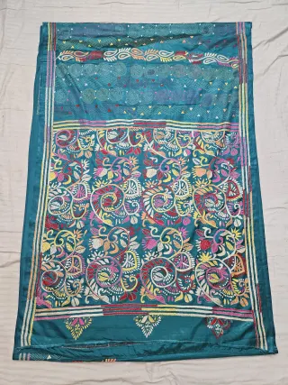 Peacock Blue Hand Embroidered Blended Bangalore Silk Saree with Paisley Kalka & Floral Jaal Kantha Stitch Aanchal
