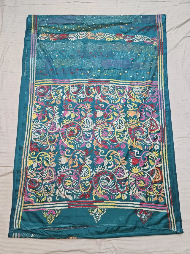 Peacock Blue Hand Embroidered Blended Bangalore Silk Saree with Paisley Kalka & Floral Jaal Kantha Stitch Aanchal