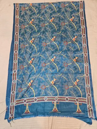 Peacock Blue Hand Embroidered Blended Bangalore Silk Saree with Birds on Tree Kantha Stitch Aanchal