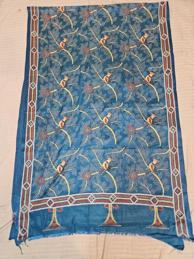 Peacock Blue Hand Embroidered Blended Bangalore Silk Saree with Birds on Tree Kantha Stitch Aanchal