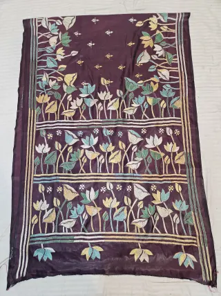 Deep Wine Hand Embroidered Blended Bangalore Silk Saree with Standing Lotus Garden Kantha Stitch Aanchal