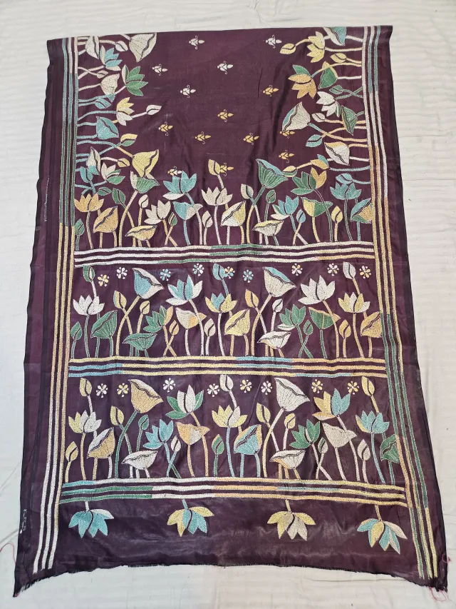 Deep Wine Hand Embroidered Blended Bangalore Silk Saree with Standing Lotus Garden Kantha Stitch Aanchal