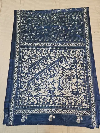 Navy Blue Hand Embroidered Blended Bangalore Silk Saree with Floral Jaal & Paisley Medallion Kantha Stitch Aanchal