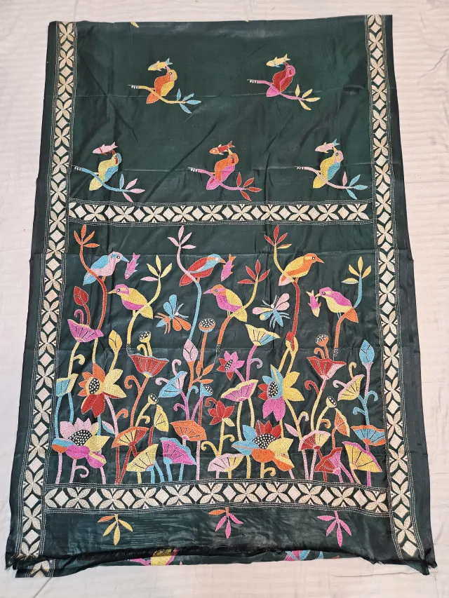 Bottle Green Hand Embroidered Blended Bangalore Silk Saree with Birds & Lotus Garden Kantha Stitch Aanchal