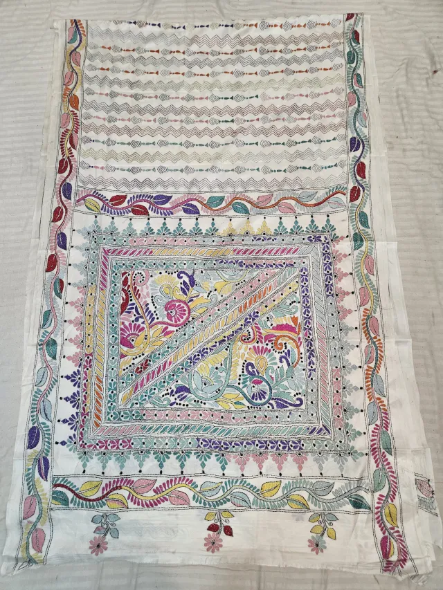 Off-White Hand Embroidered Blended Bangalore Silk Saree with Geometric & Floral Jaal Kantha Stitch Aanchal