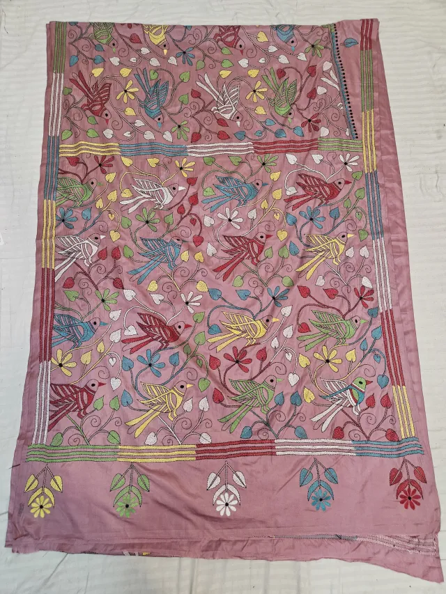 Dusty Rose Hand Embroidered Blended Bangalore Silk Saree with Birds on Foliage Jaal Kantha Stitch Aanchal