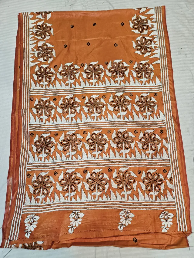 Rust Orange Hand Embroidered Blended Bangalore Silk Saree with Geometric Floral Kantha Stitch Aanchal