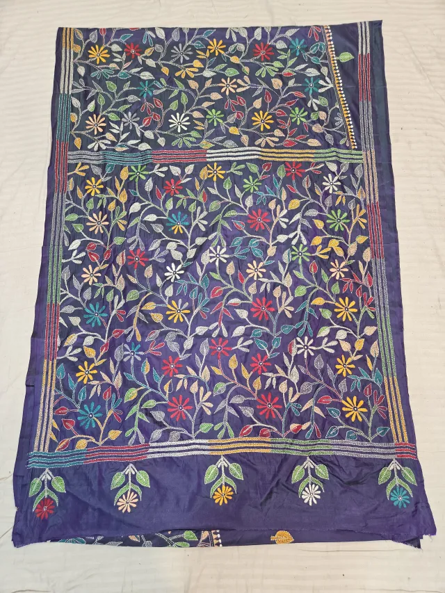 Navy Blue Hand Embroidered Blended Bangalore Silk Saree with All-Over Floral Jaal Kantha Stitch Aanchal