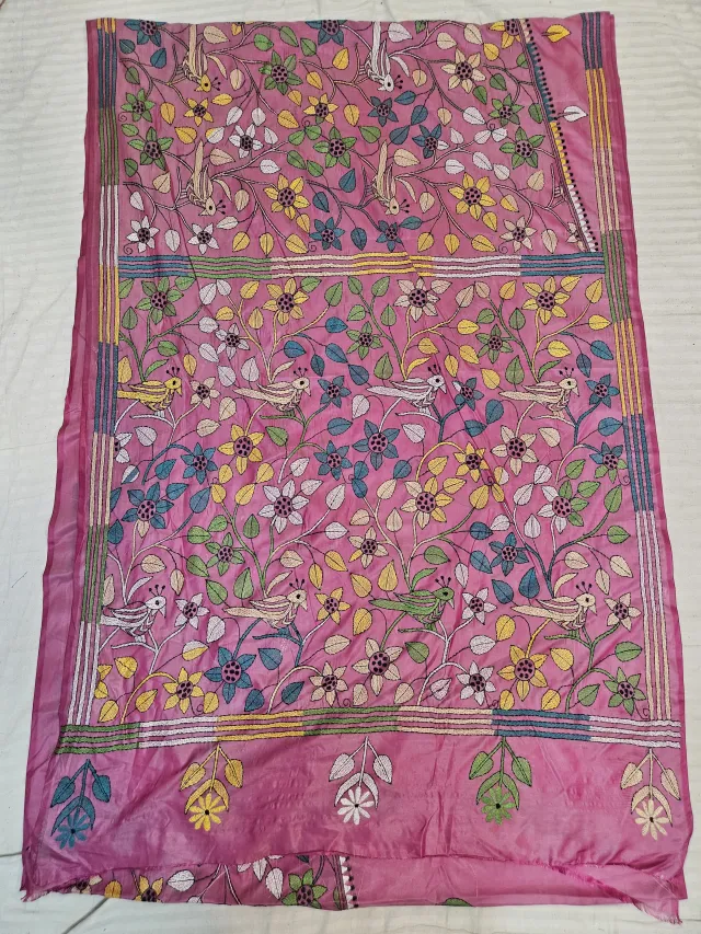 Rose Pink Hand Embroidered Blended Bangalore Silk Saree with Birds on Floral Jaal Kantha Stitch Aanchal