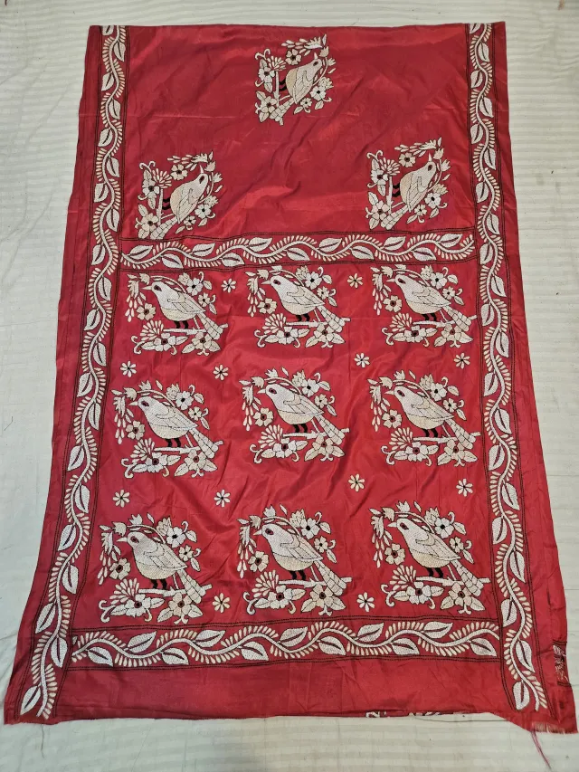 Crimson Red Hand Embroidered Blended Bangalore Silk Saree with Birds on Branch Kantha Stitch Aanchal