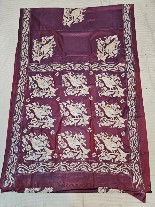 Deep Wine Hand Embroidered Blended Bangalore Silk Saree with Birds on Branch Kantha Stitch Aanchal