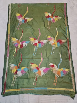 Olive Green Hand Embroidered Blended Bangalore Silk Saree with Soaring Crane Kantha Stitch Aanchal