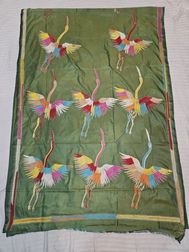 Olive Green Hand Embroidered Blended Bangalore Silk Saree with Soaring Crane Kantha Stitch Aanchal