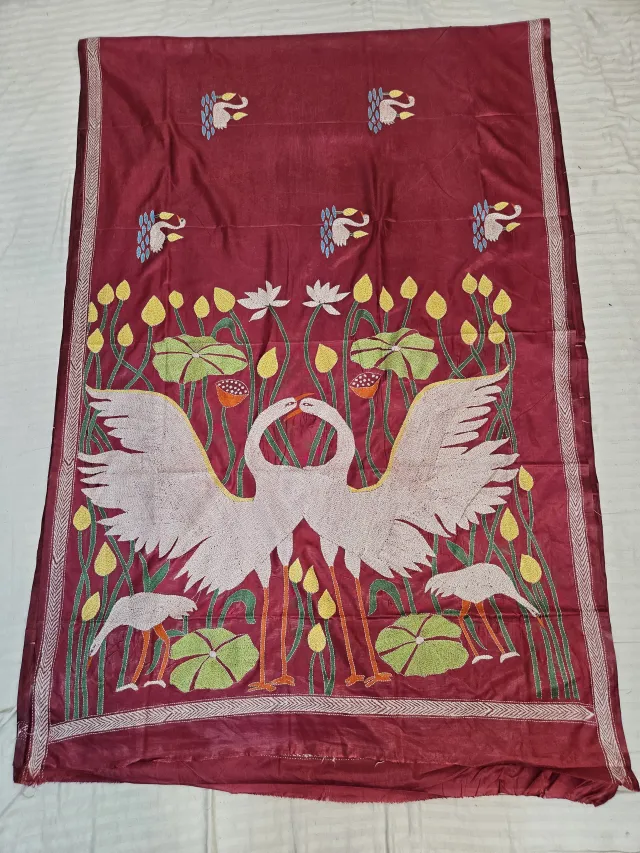 Deep Maroon Hand Embroidered Blended Bangalore Silk Saree with Dancing Crane Waterscape Kantha Stitch Aanchal