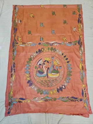 Peach Orange Hand Embroidered Blended Bangalore Silk Saree with Swan & Lotus Mandala Kantha Stitch Aanchal