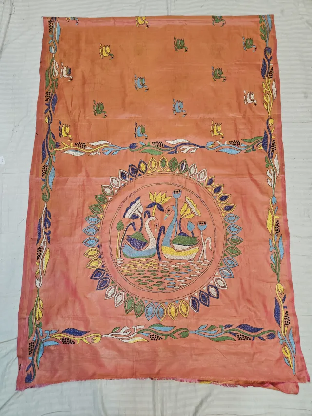 Peach Orange Hand Embroidered Blended Bangalore Silk Saree with Swan & Lotus Mandala Kantha Stitch Aanchal
