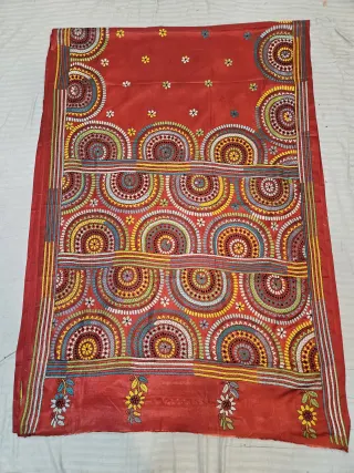 Crimson Red Hand Embroidered Blended Bangalore Silk Saree with Concentric Arch Chakra Kantha Stitch Aanchal