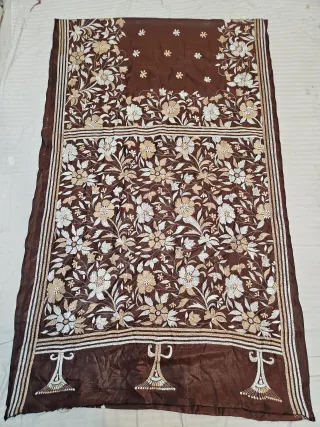 Chocolate Brown Hand Embroidered Blended Bangalore Silk Saree with All-Over Floral Jaal Kantha Stitch Aanchal