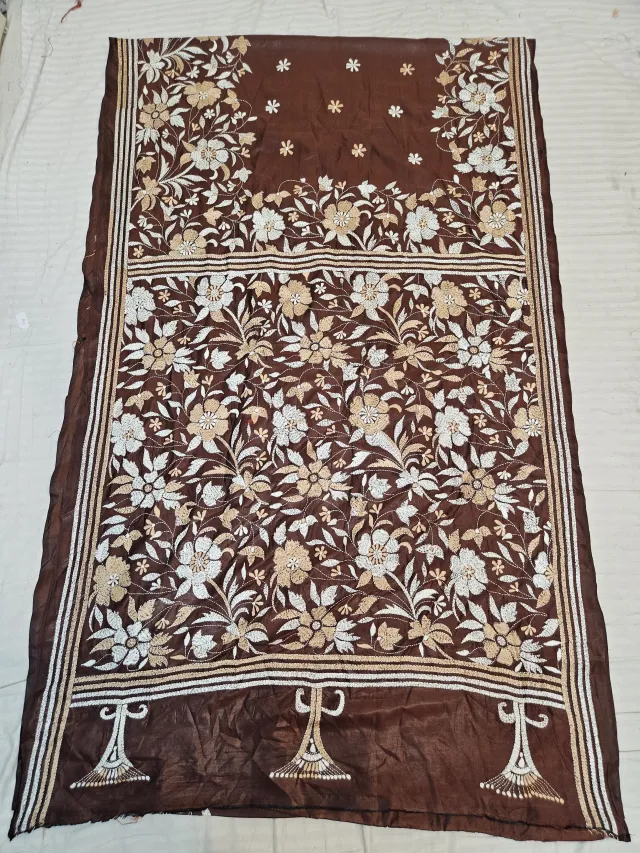 Chocolate Brown Hand Embroidered Blended Bangalore Silk Saree with All-Over Floral Jaal Kantha Stitch Aanchal