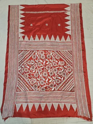 Crimson Red Hand Embroidered Blended Bangalore Silk Saree with Geometric Diamond Floral Jaal Kantha Stitch Aanchal